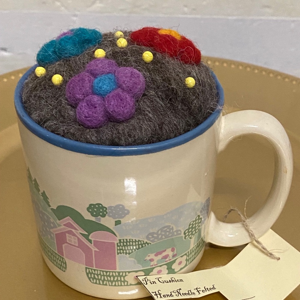 Hand Needle Felted Wool Pincushion in Mug